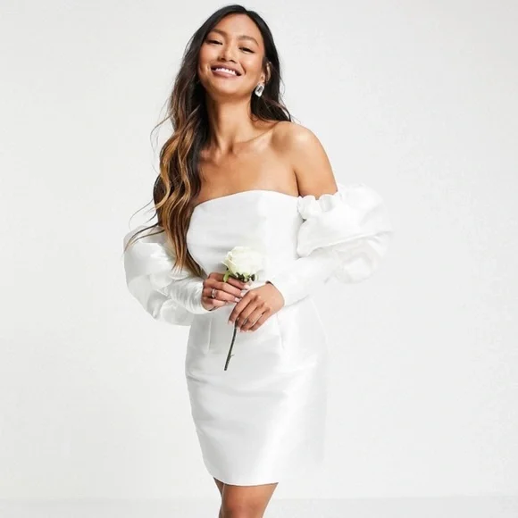 ASOS | Dresses | Asos Puff Sleeve Off Shoulder Mini Wedding Dress | Poshmark